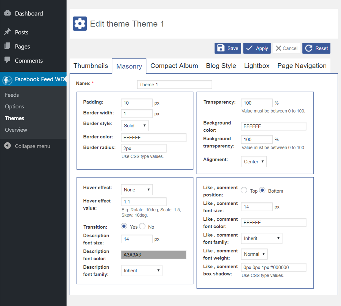 10Web Facebook Feed - Edit Theme