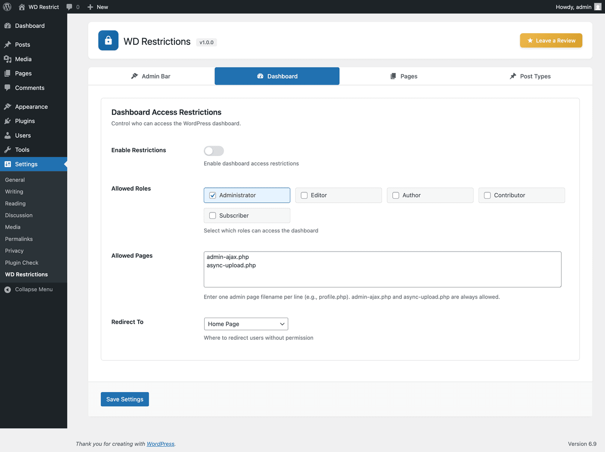 Dashboard access control settings