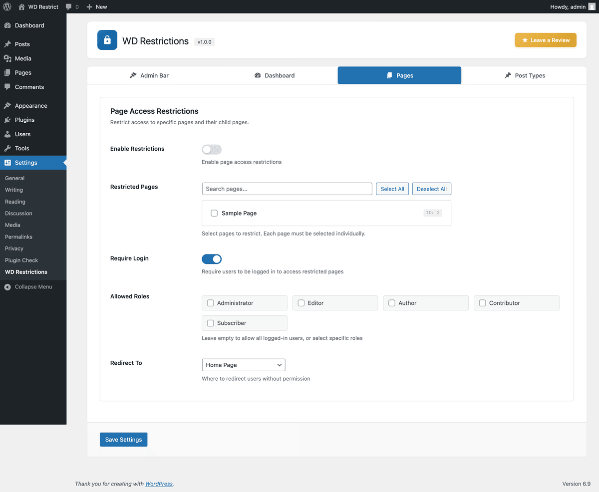 Page restrictions with hierarchical page selector