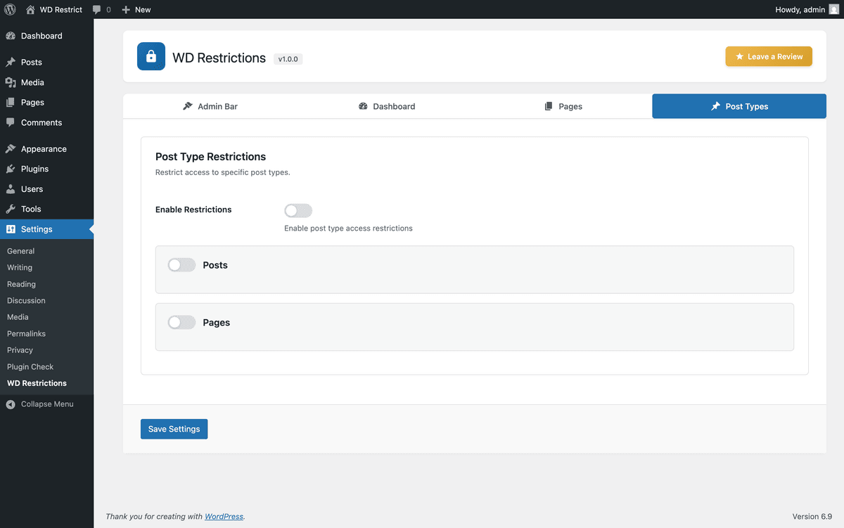 Post type restriction settings