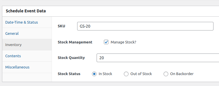 **Inventory Management** - Manage SKU, stock quantities, and stock status with scheduling capabilities.