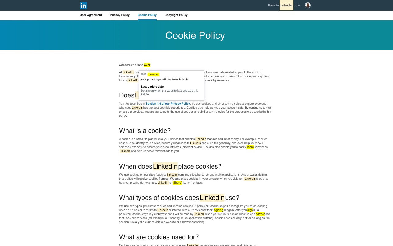 Policy Highlights running on the LinkedIn cookie policy page.
