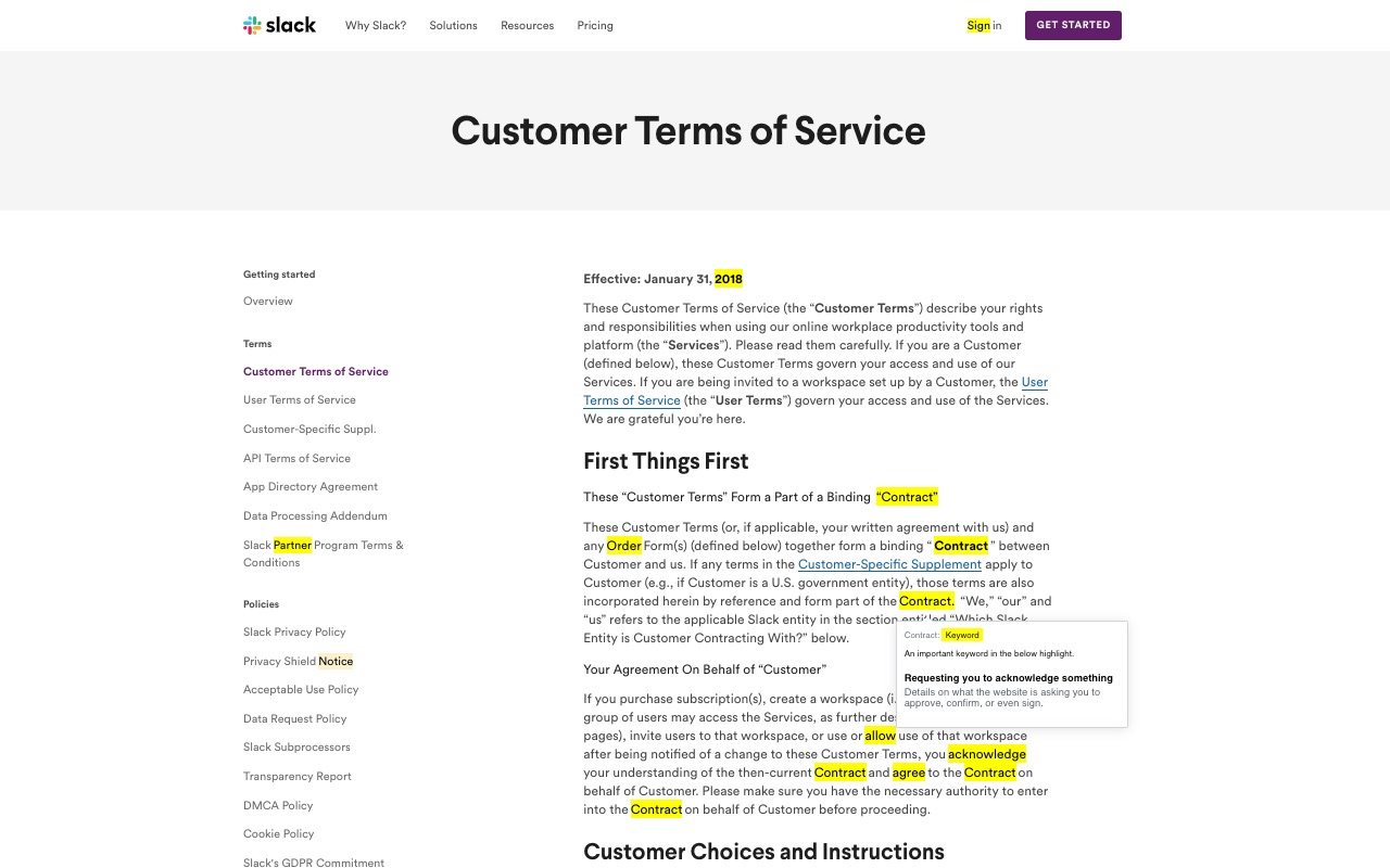 Policy Highlights running on the Slack terms of service page.