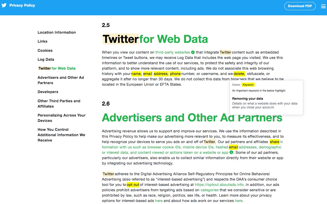 Policy Highlights running on the Twitter privacy policy page.