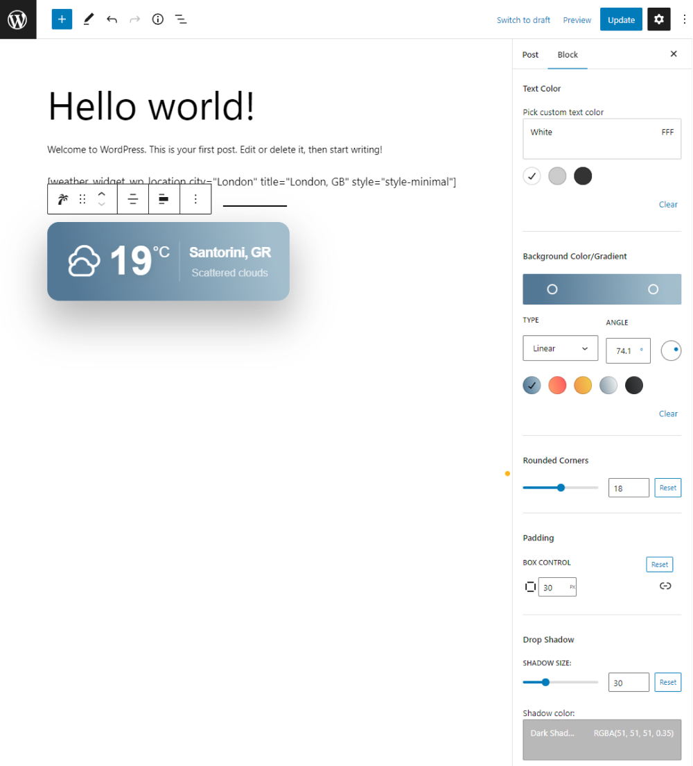 Customization settings for the weather widget wp block.