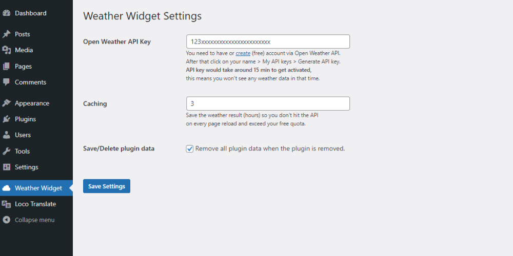 Setting page of the Weather Widget WP plugin.
