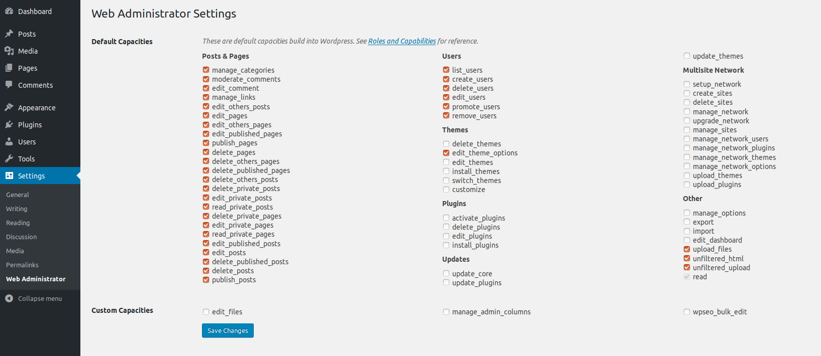 Plugin options page to customise Web Administrator role permissions.