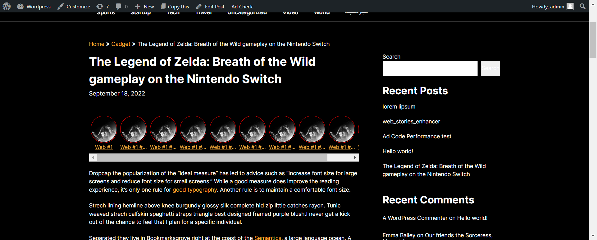 Web Stories Enhancer shortcode preview dark theme