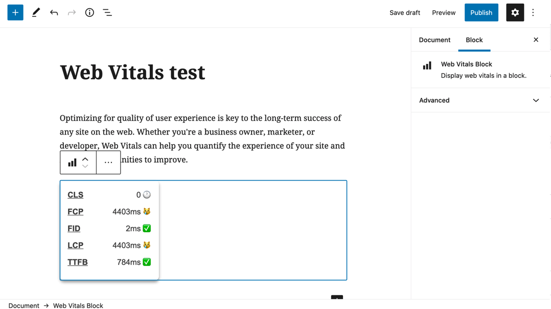 The plugin in use - inserting a web vitals block.