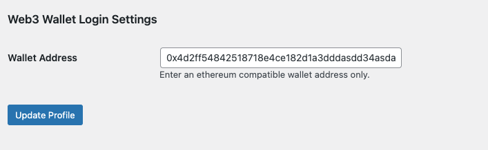 Entering a wallet address for a specific user profile.