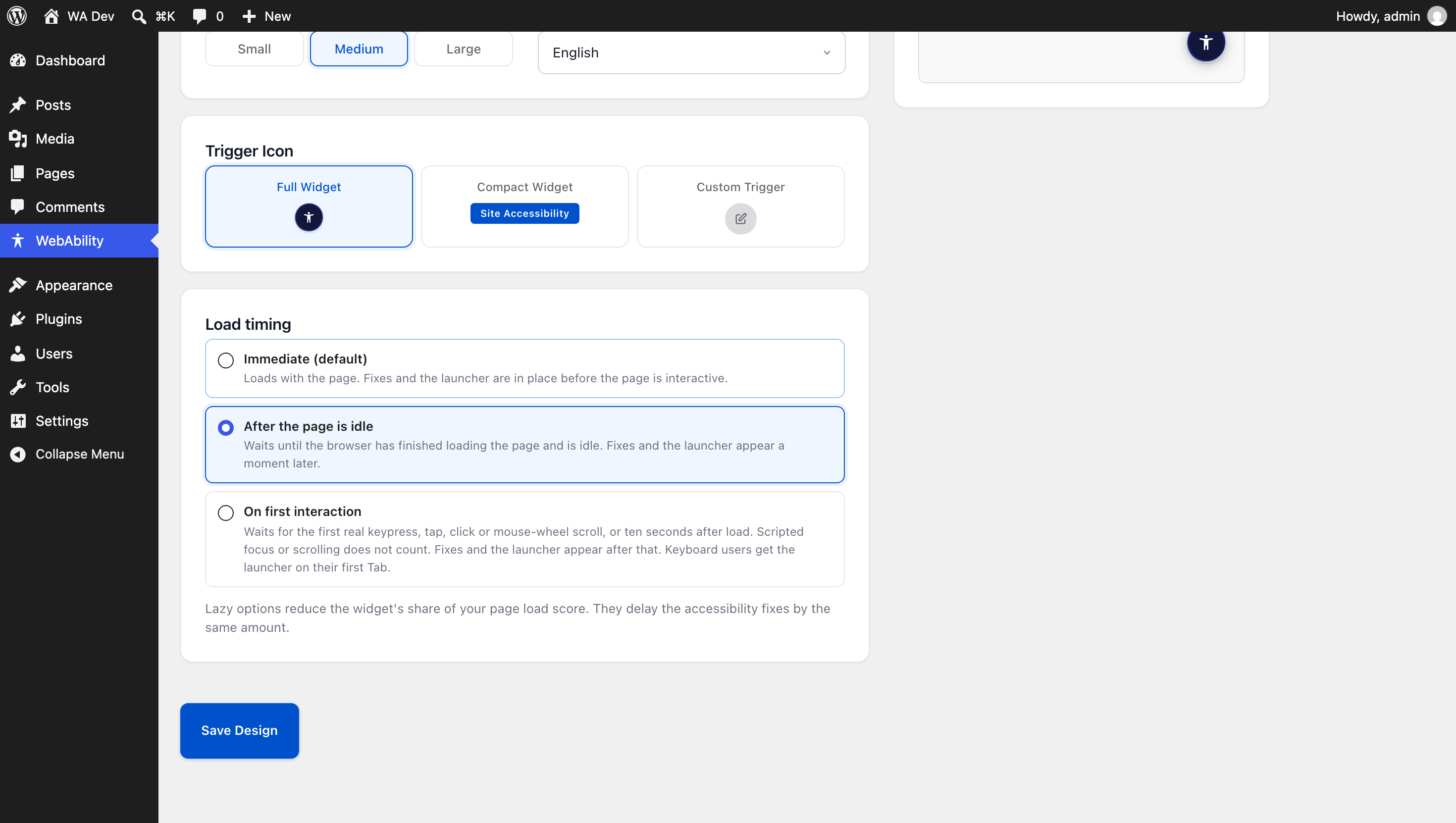 Widget Design tab in WordPress: position, size, language, trigger icon and the Load timing option.