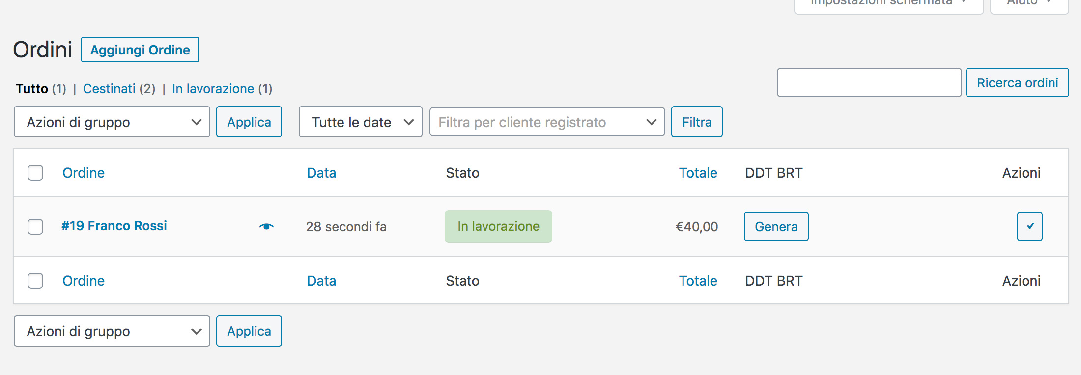 Nella lista ordini di Woocommerce viene inserita una nuova colonna "Genera".