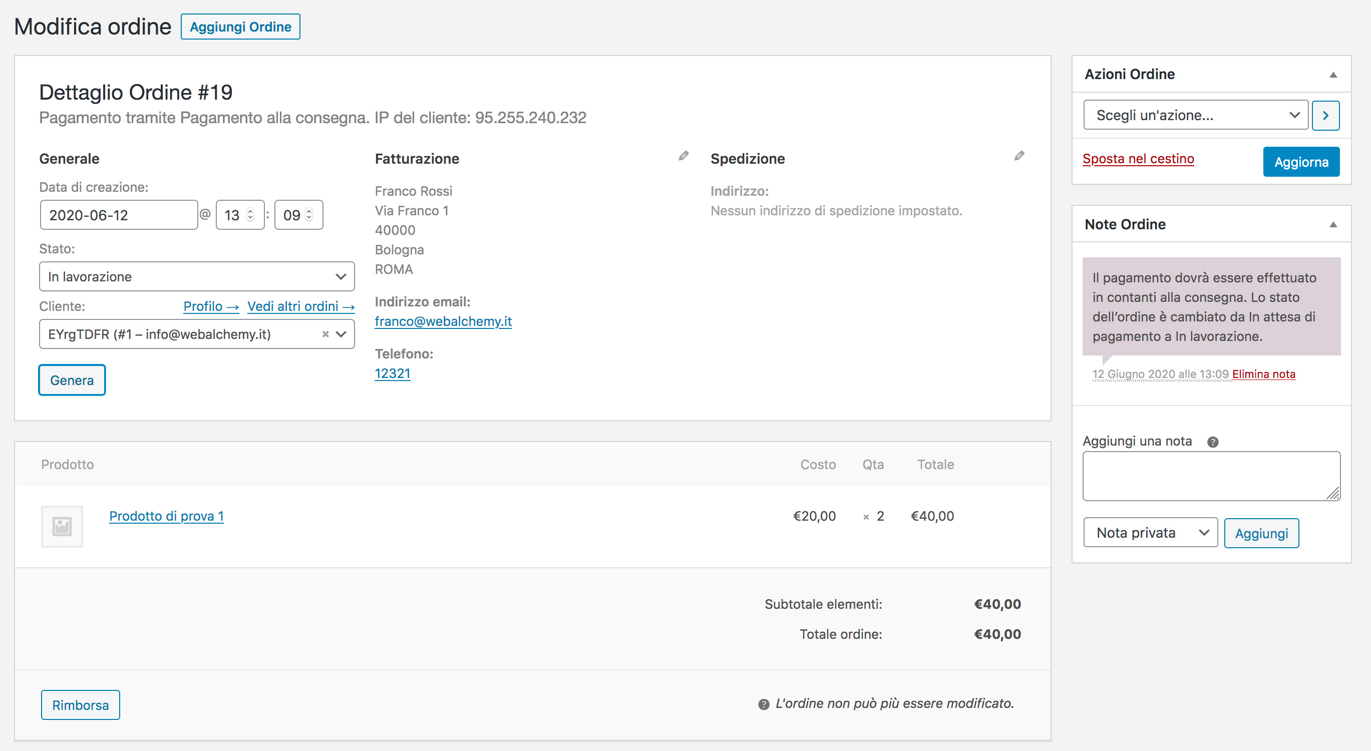 All'interno del dettaglio ordine viene visualizzato il pulsante "Genera".
