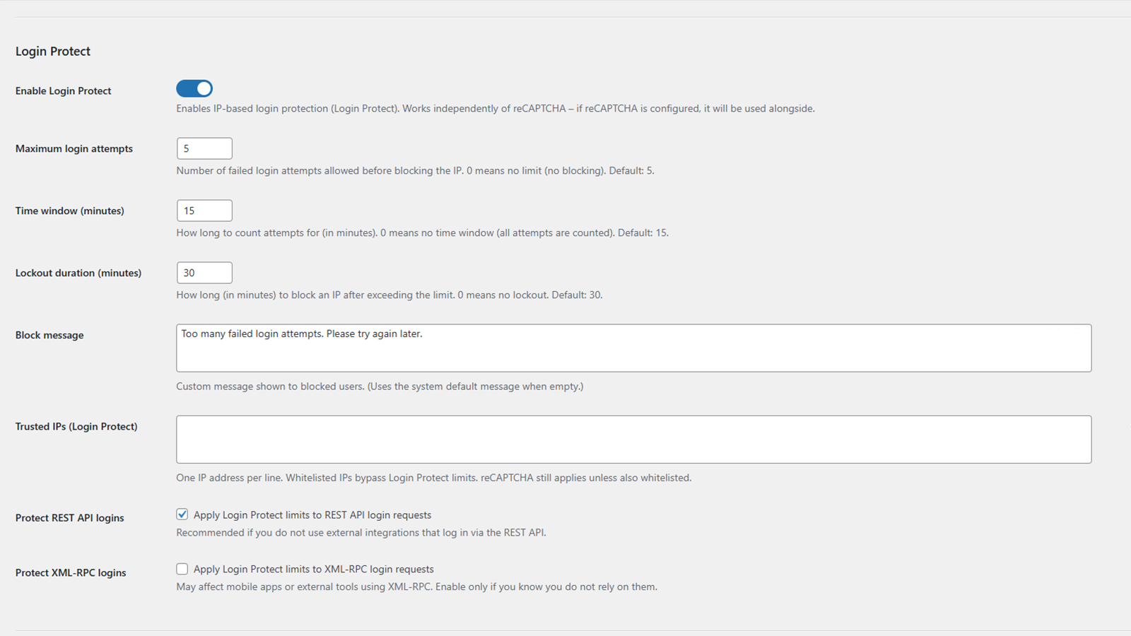 Login Protect settings panel
