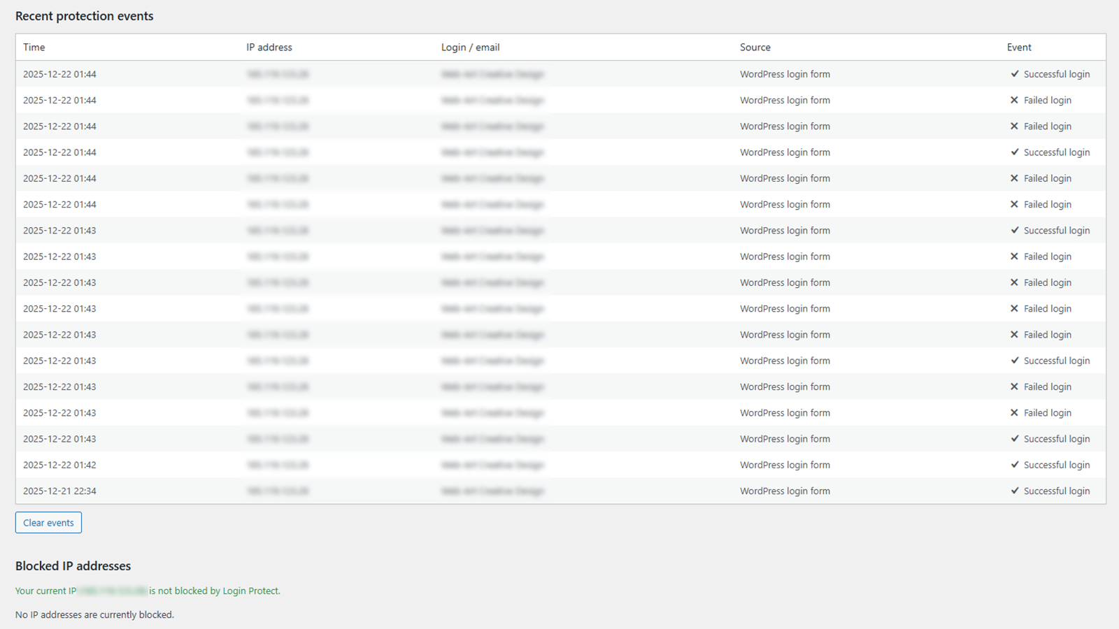 Security event log and blocked IP list