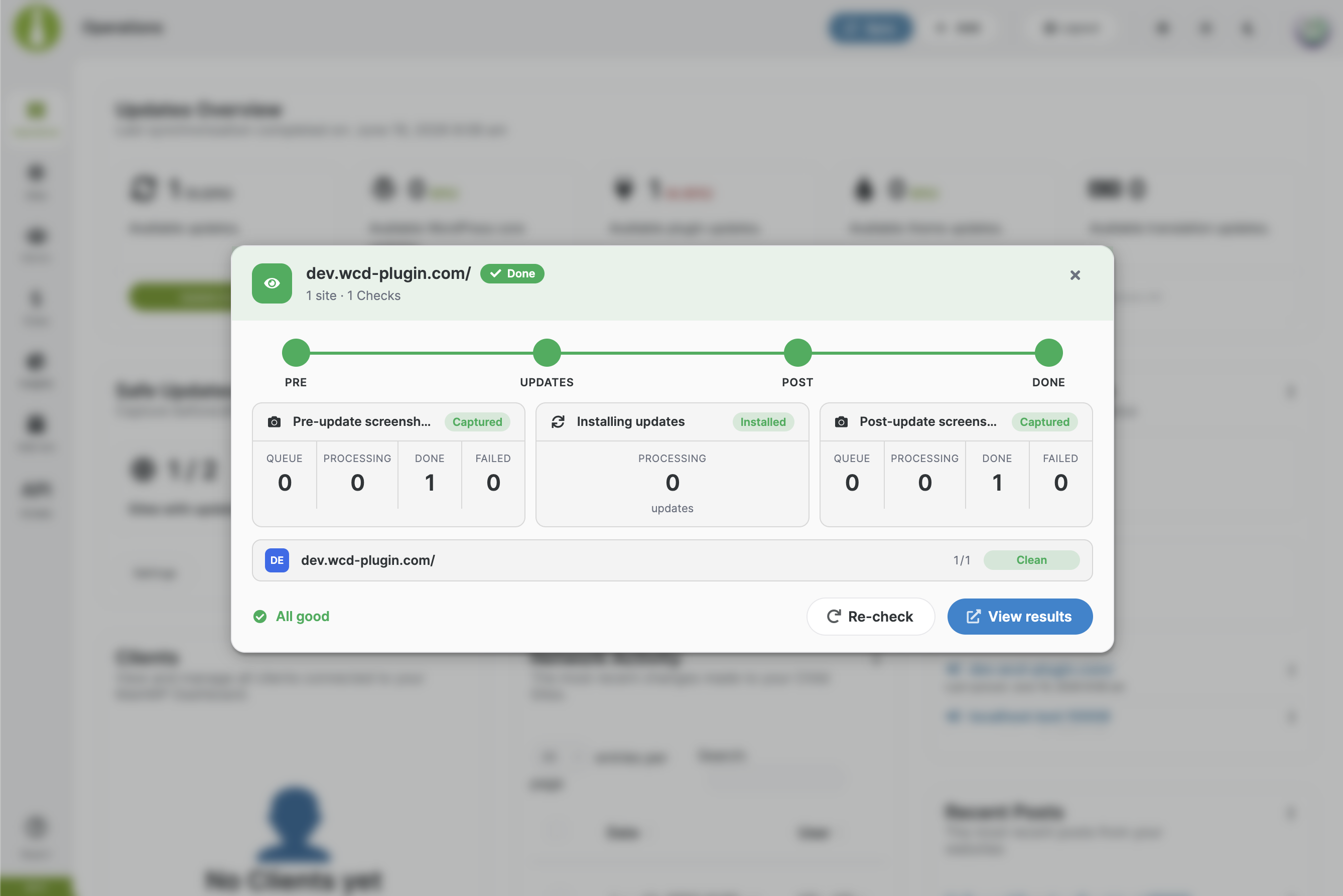 The live run popup: a Pre-update, Updates, Post-update and Done timeline with per-site progress. When it finishes you see "All good" or the number of pages to review, with Re-check and View results.