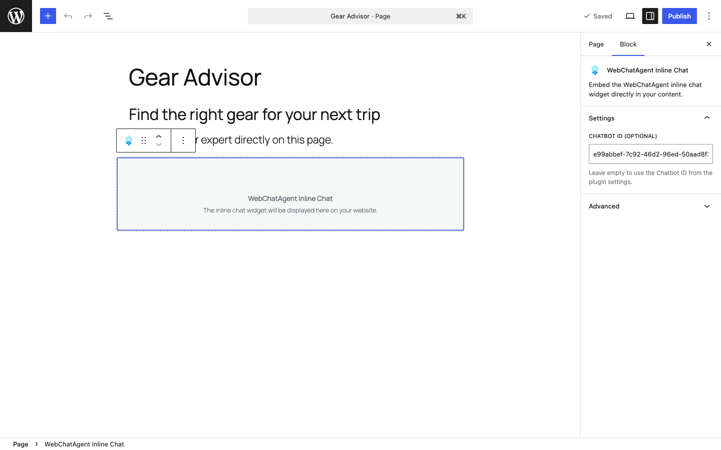 Add an inline chatbot to any page with the native Gutenberg block or shortcode.