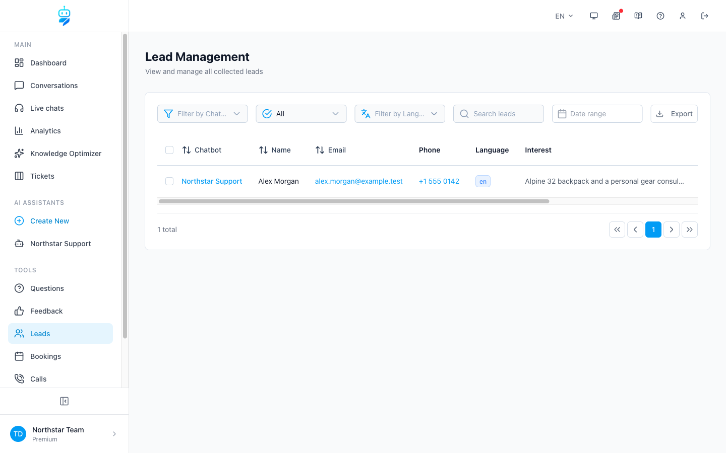 Capture and manage qualified leads from every chatbot in one dashboard.
