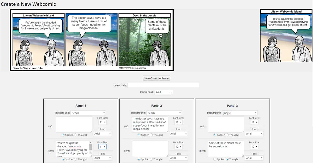 The screen in the admin section where you create a new comic. It is automatically previewed as you go.