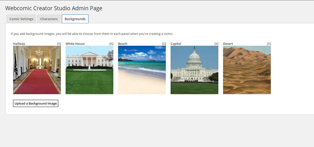 Backgrounds can be uploaded from a tab in the options page in the admin section.