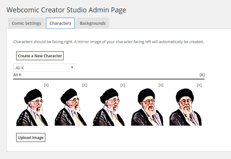Characters can also be created from another tab in the options page. Once you create a character you can upload images for that character.
