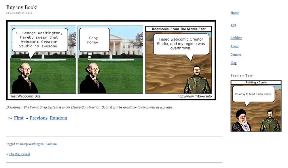 An example of a comic published to a website, with the navigation links and a preview of the next comic in line.