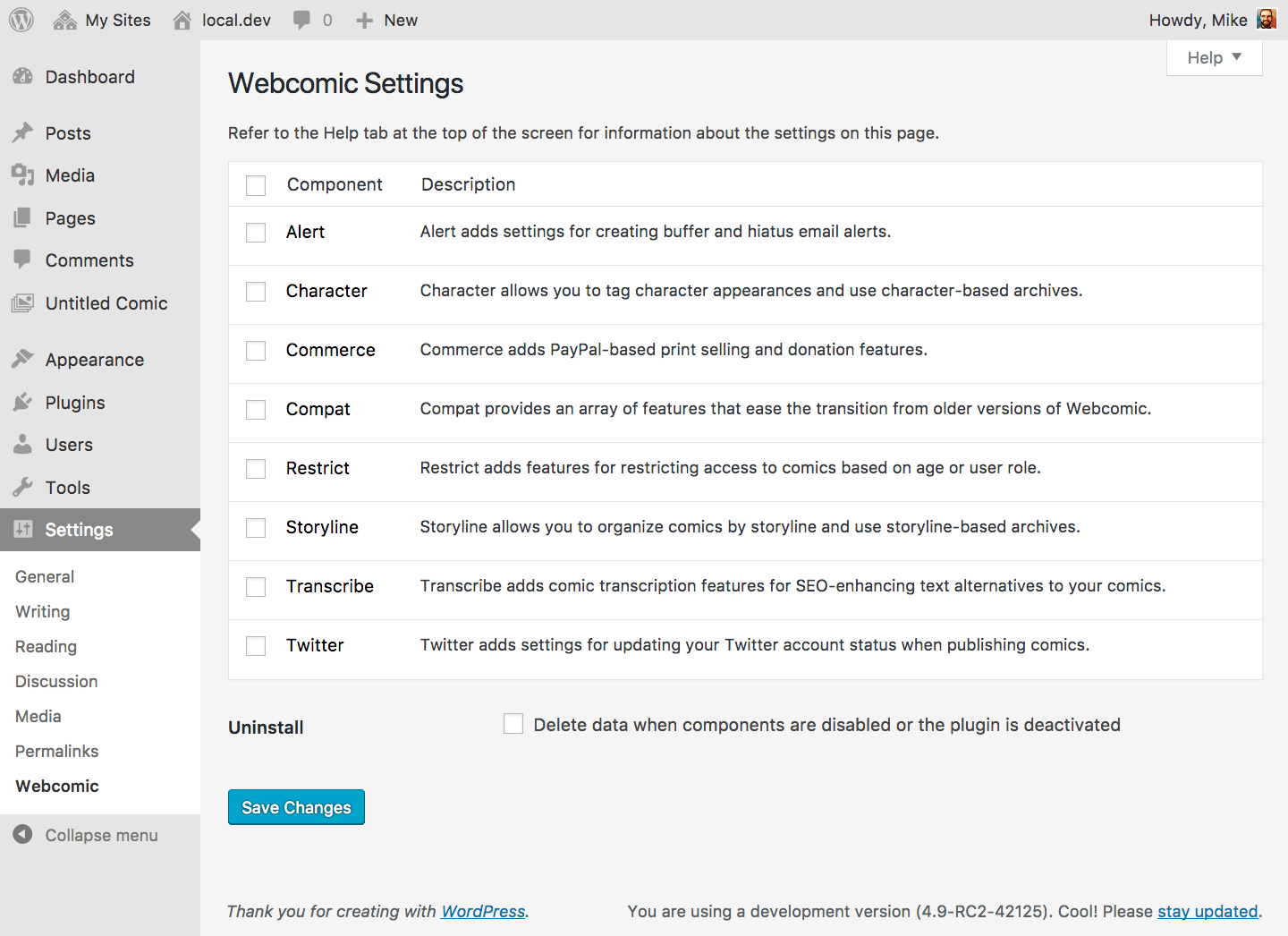 Enable or disable components on the Settings > Webcomic screen.