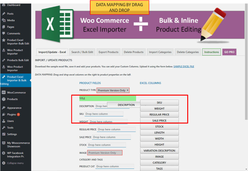 Product Excel Importer configuration screen - Data Mapping