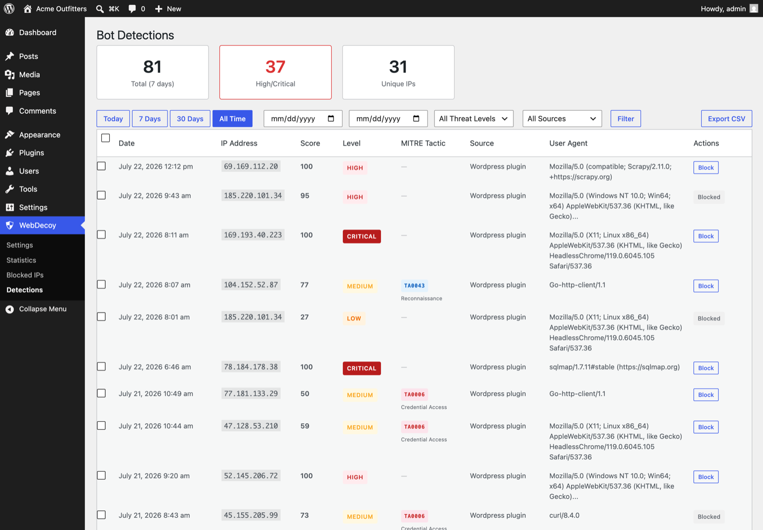Detections log: view threats with scores and MITRE tactics