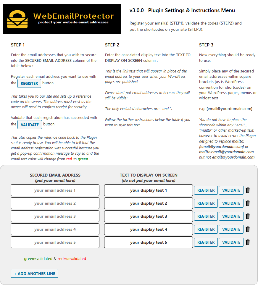 This is a screenshot of the WebEmailProtector WordPress plugin administration panel once installed. Note the secured email address appears in RED until the email is verified, when it turns GREEN.