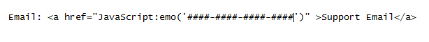 This is a screenshot of example html text code showing what a webemailprotector linked email address looks like on a web page (the real code has been replaced with ####-####-####-####), can no longer be scraped.