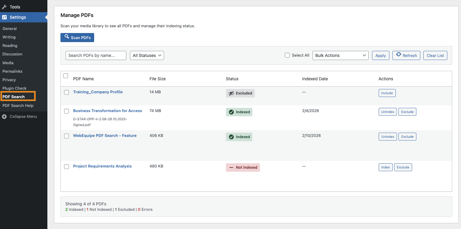 Manage PDFs – list, search, filters, pagination