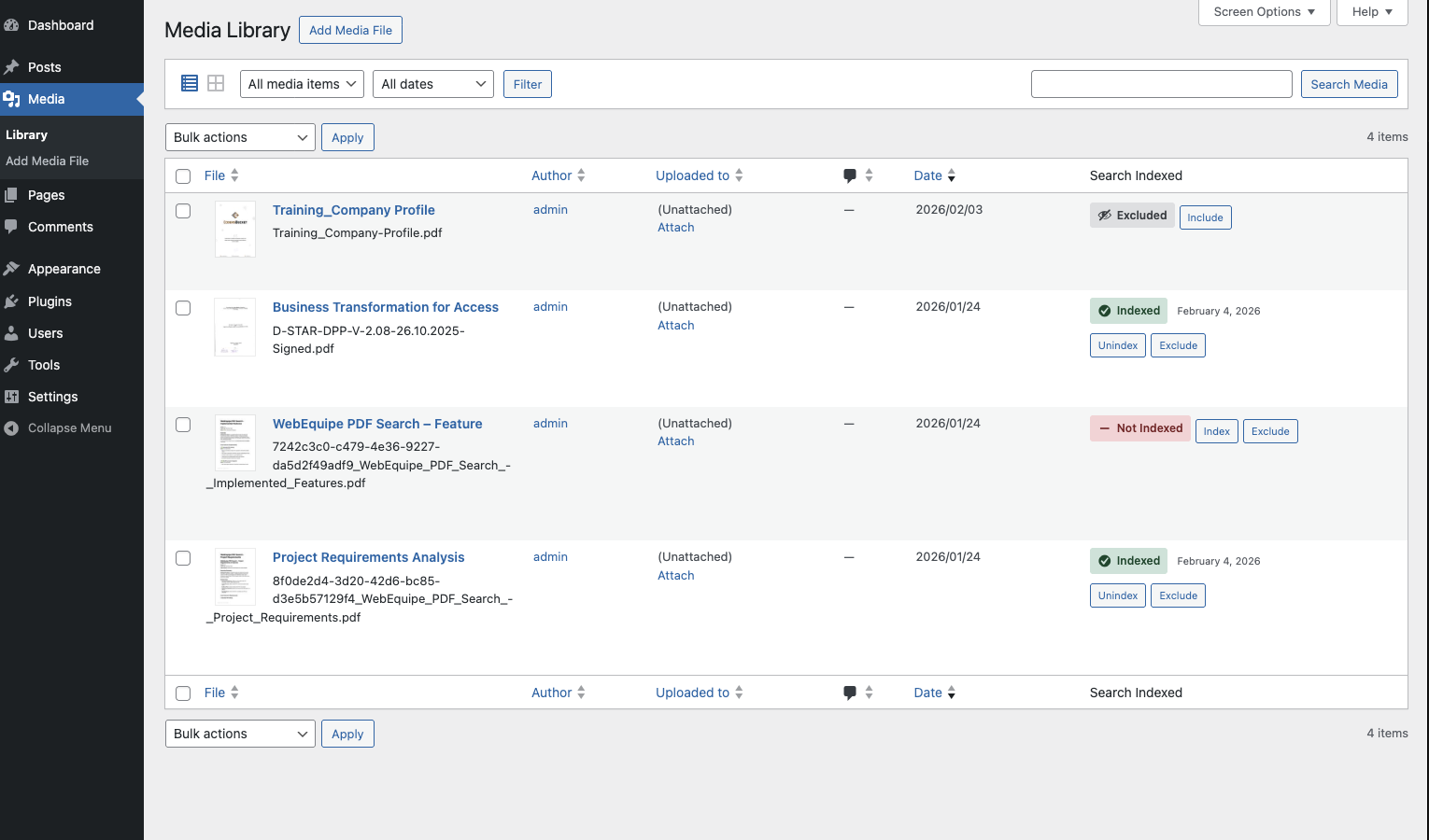 Media Library – "Search Indexed" column (indexed, not indexed, excluded)