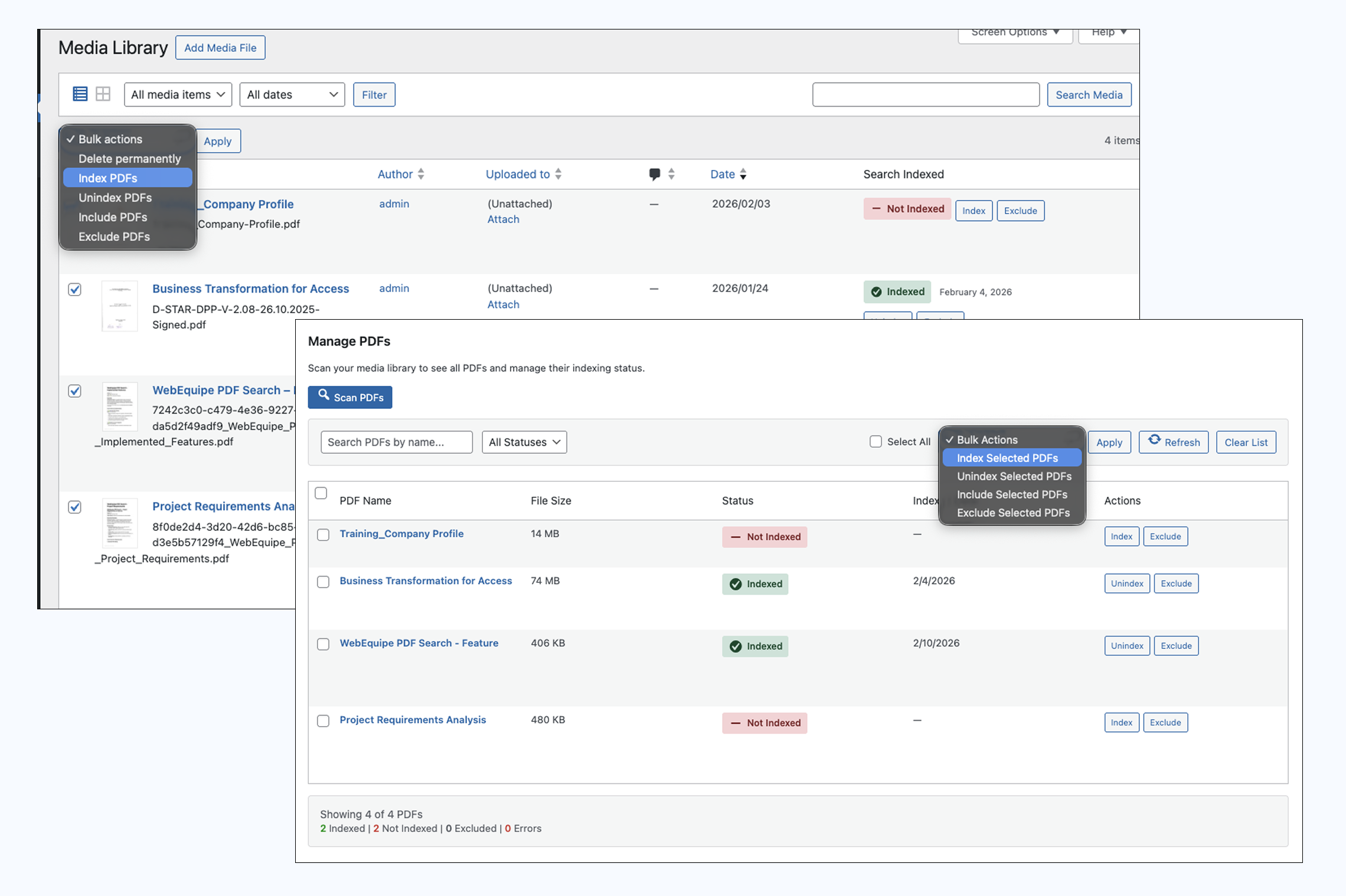 Bulk actions – Index, Unindex, Include, Exclude