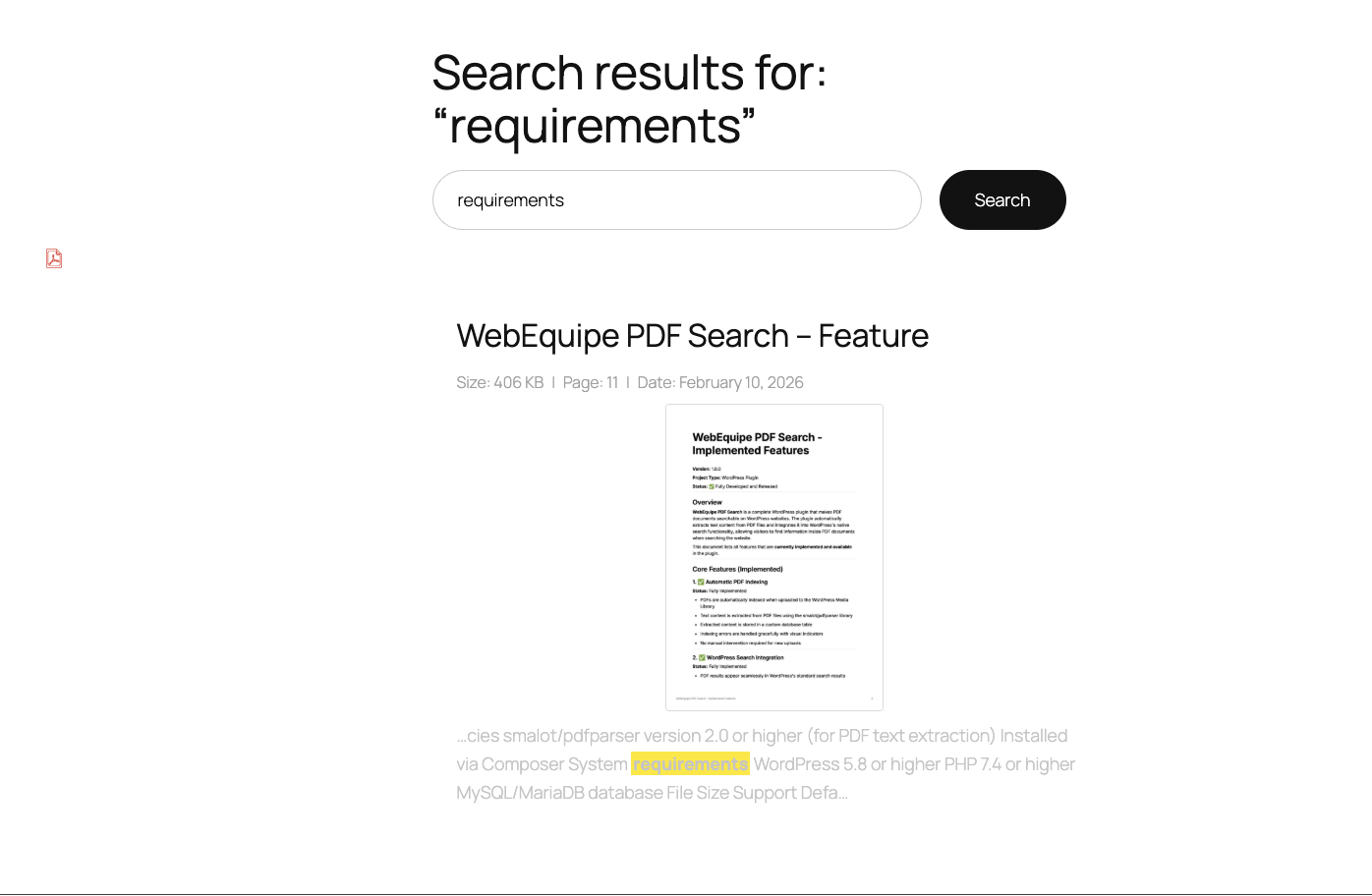 Search results – PDFs with icon, size, page count, excerpts