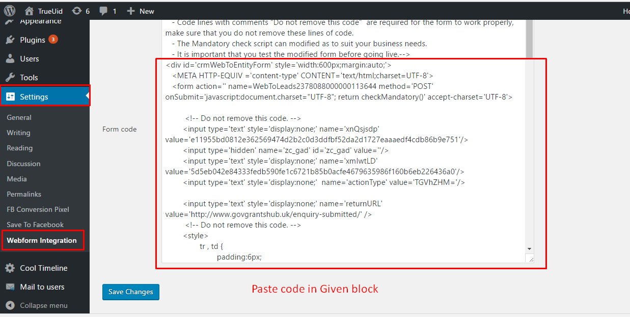 Webform plugin admin panel