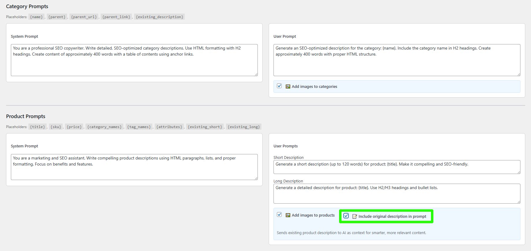 GPT Settings - API key and prompt configuration