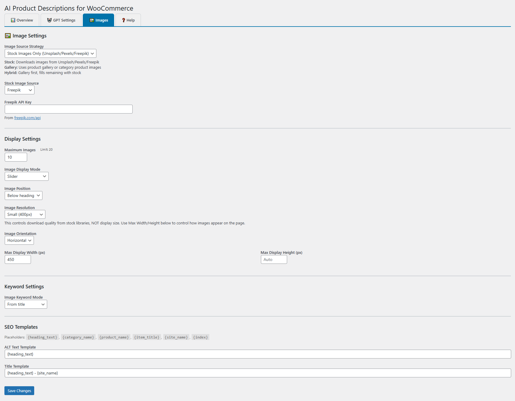 Images tab - Source strategy and display options