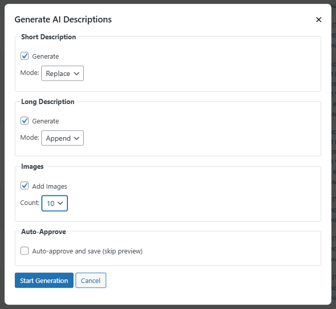 Bulk generation modal with progress tracking
