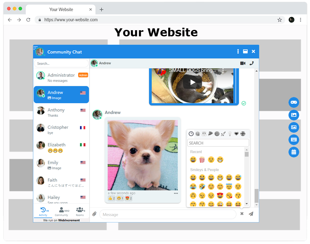 Users can React with Emojis to Messages. Online/Offline User Status Indicator. Read/Unread Messages indicator. Chat interface supports more than 30 Languages.