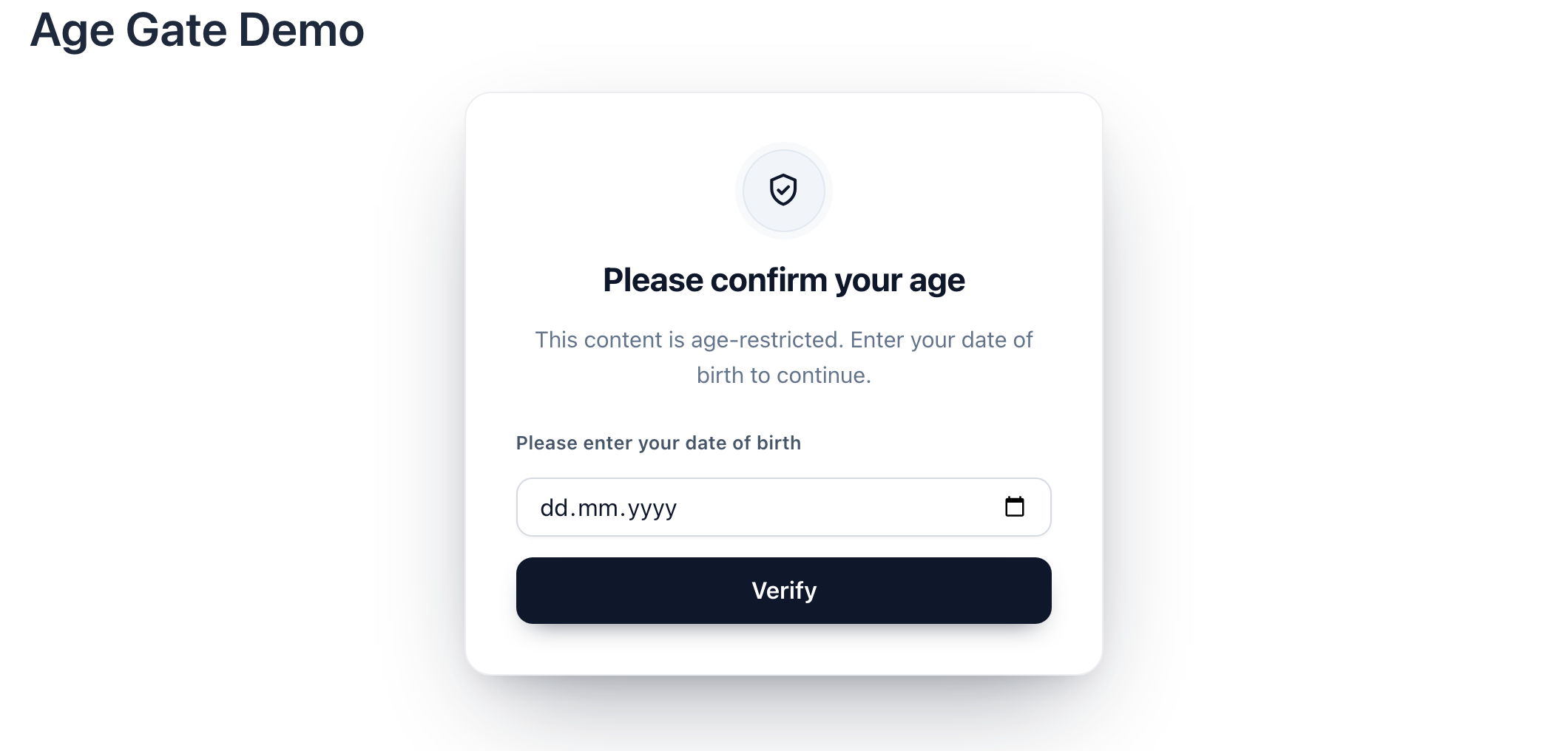 A page gated with the whole-page age gate, asking the visitor for a date of birth.