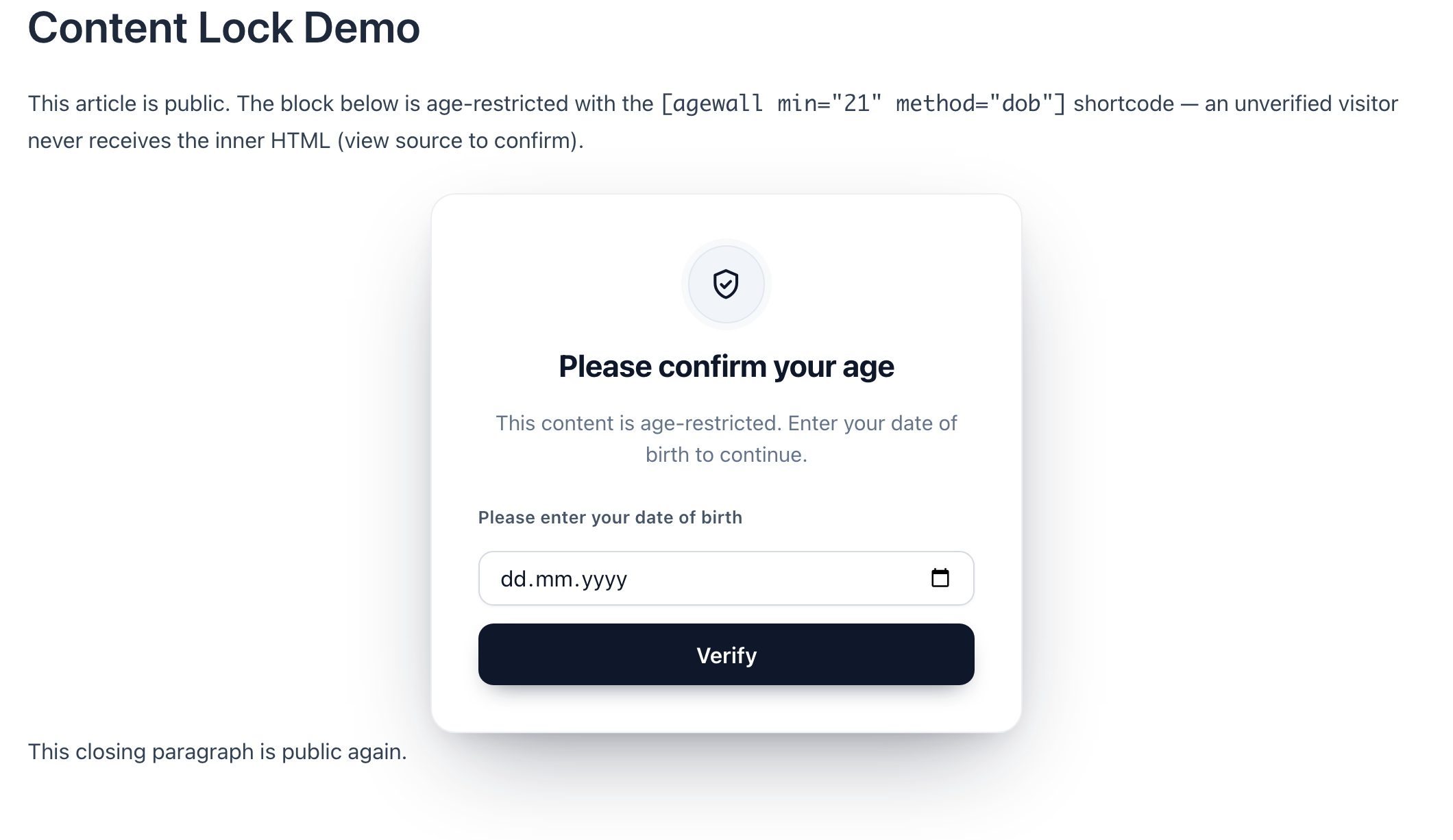 A public article with one age-restricted section locked by the `[agewall]` shortcode. The surrounding paragraphs stay public.
