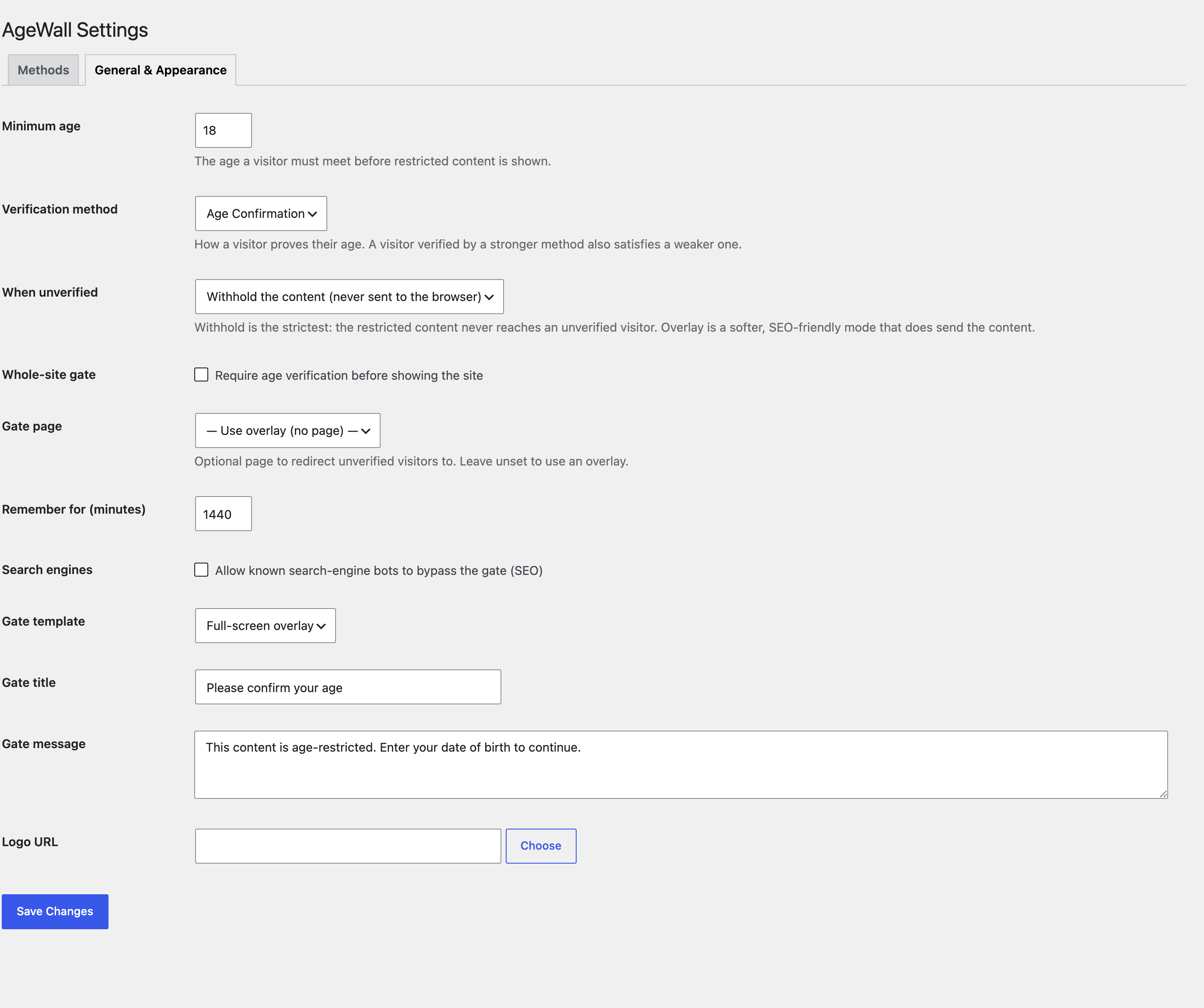 Settings: minimum age, verification method, and what happens when a visitor is unverified — withhold, redirect or overlay.
