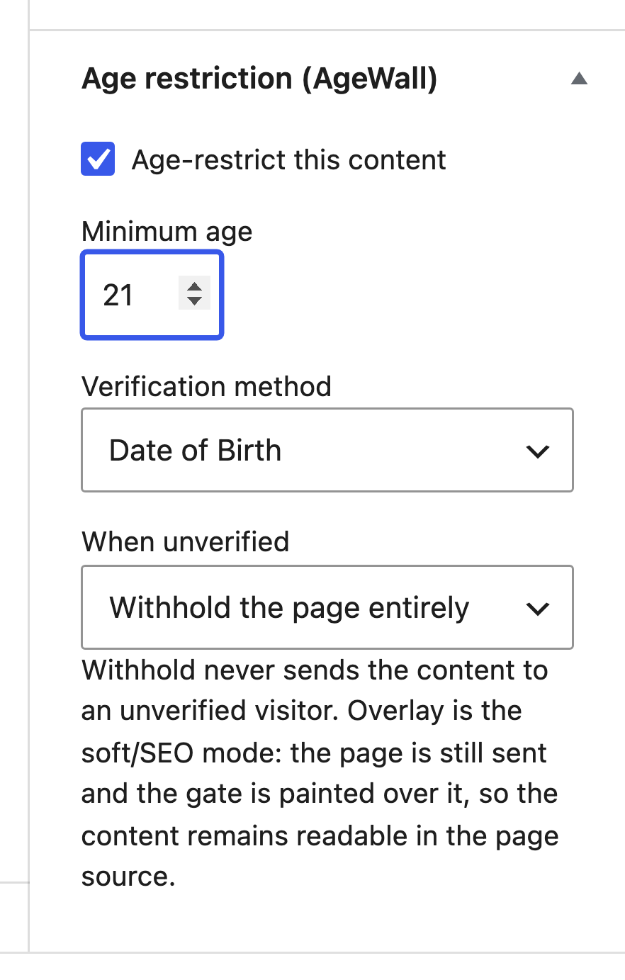 The "Age restriction (AgeWall)" box on the edit screen, setting a minimum age and method for a single page.