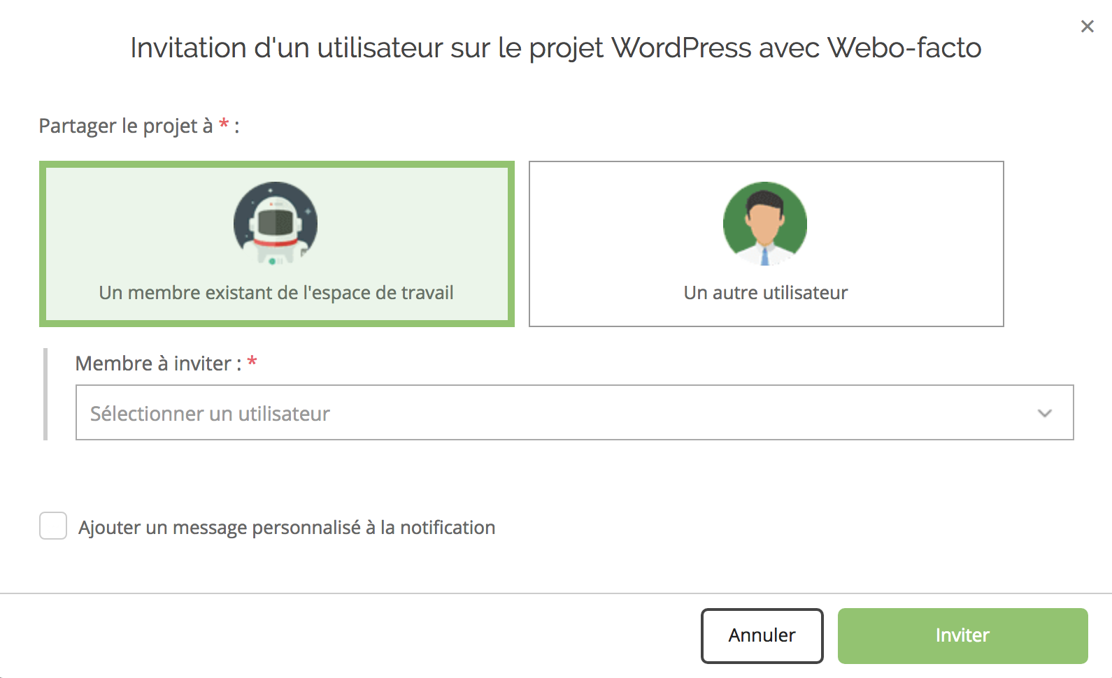 Les accès à votre projet WordPress sont définis depuis le webo-facto