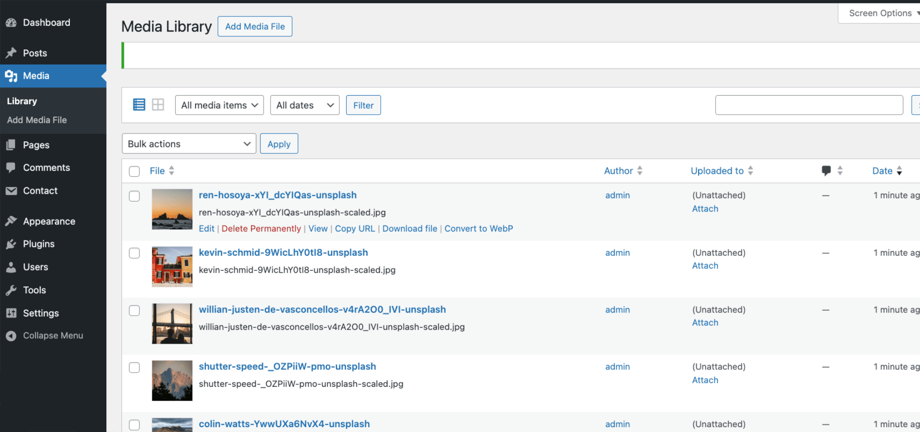 **Media Library Integration** – "Convert to WebP" link for single images.