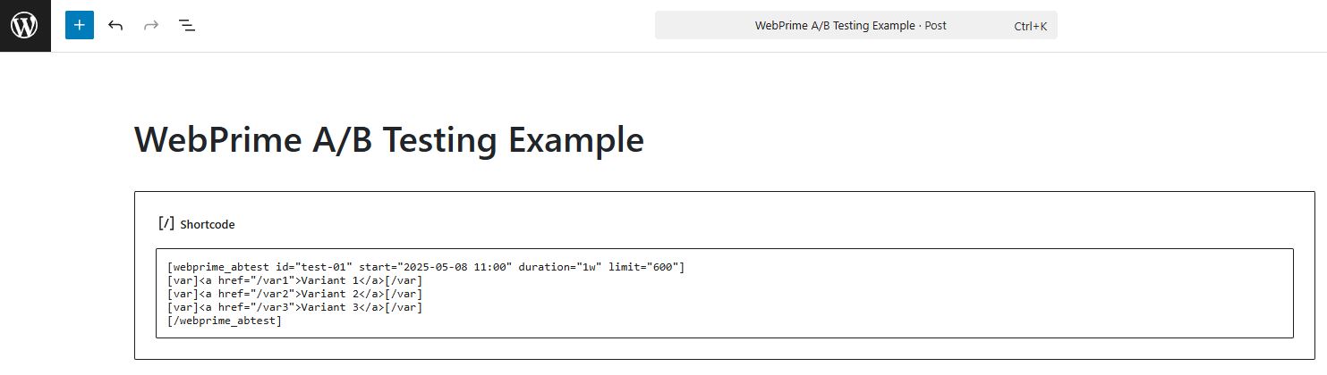 Example of A/B-test with three link variants in the admin area