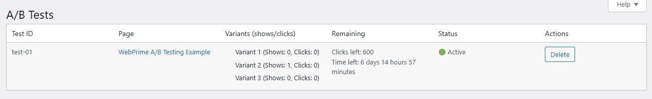 Example of A/B test analytics with three link variants