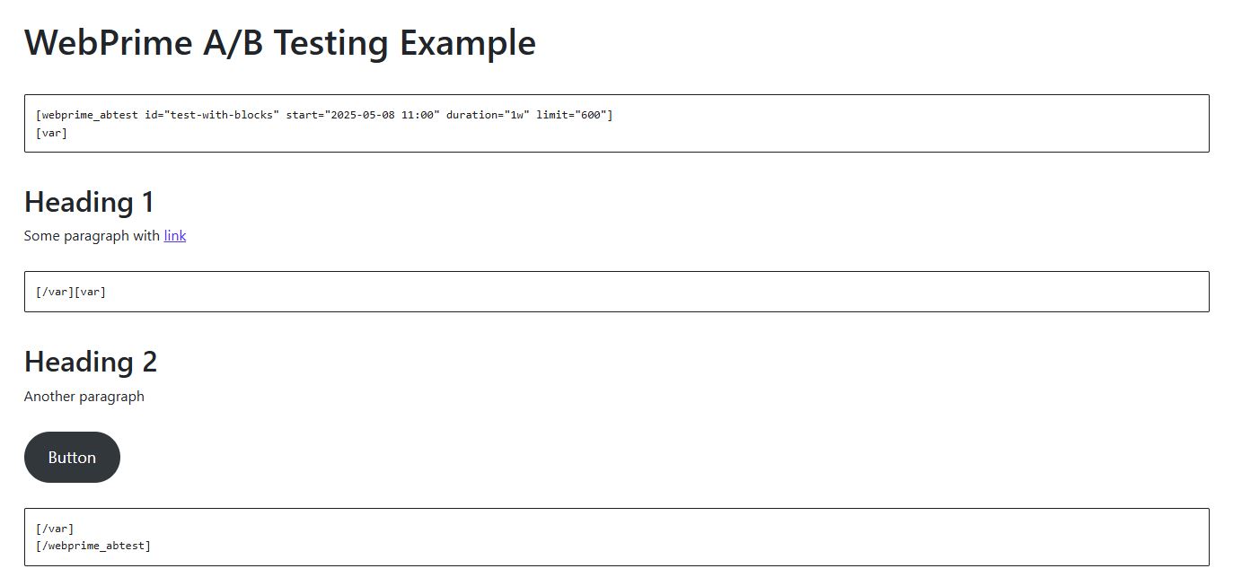 Example of A/B-test with two variants of different blocks in the admin area