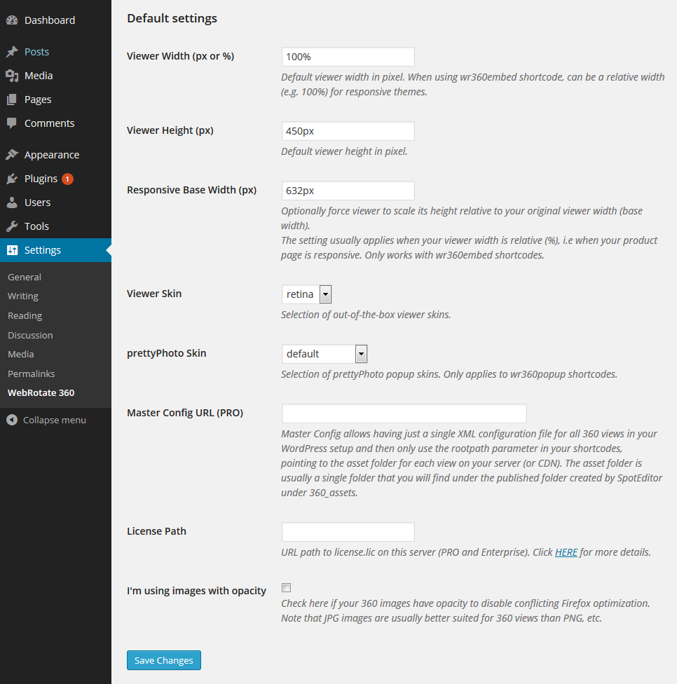 Configure various defaults and skins on the dedicated plugin settings page.